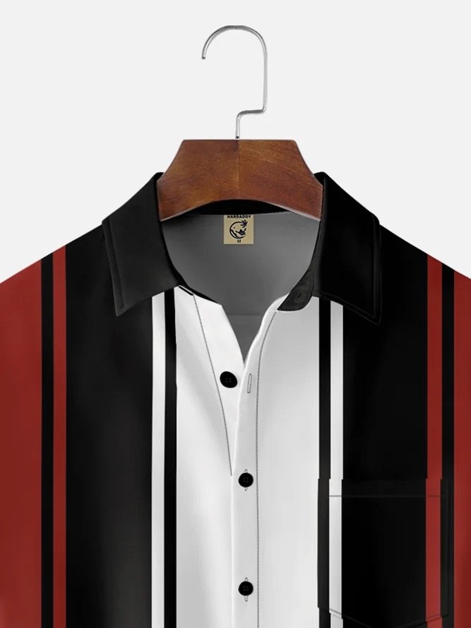 Tall Size Moisture-wicking Color Block Chest Pocket Bowling Shirt