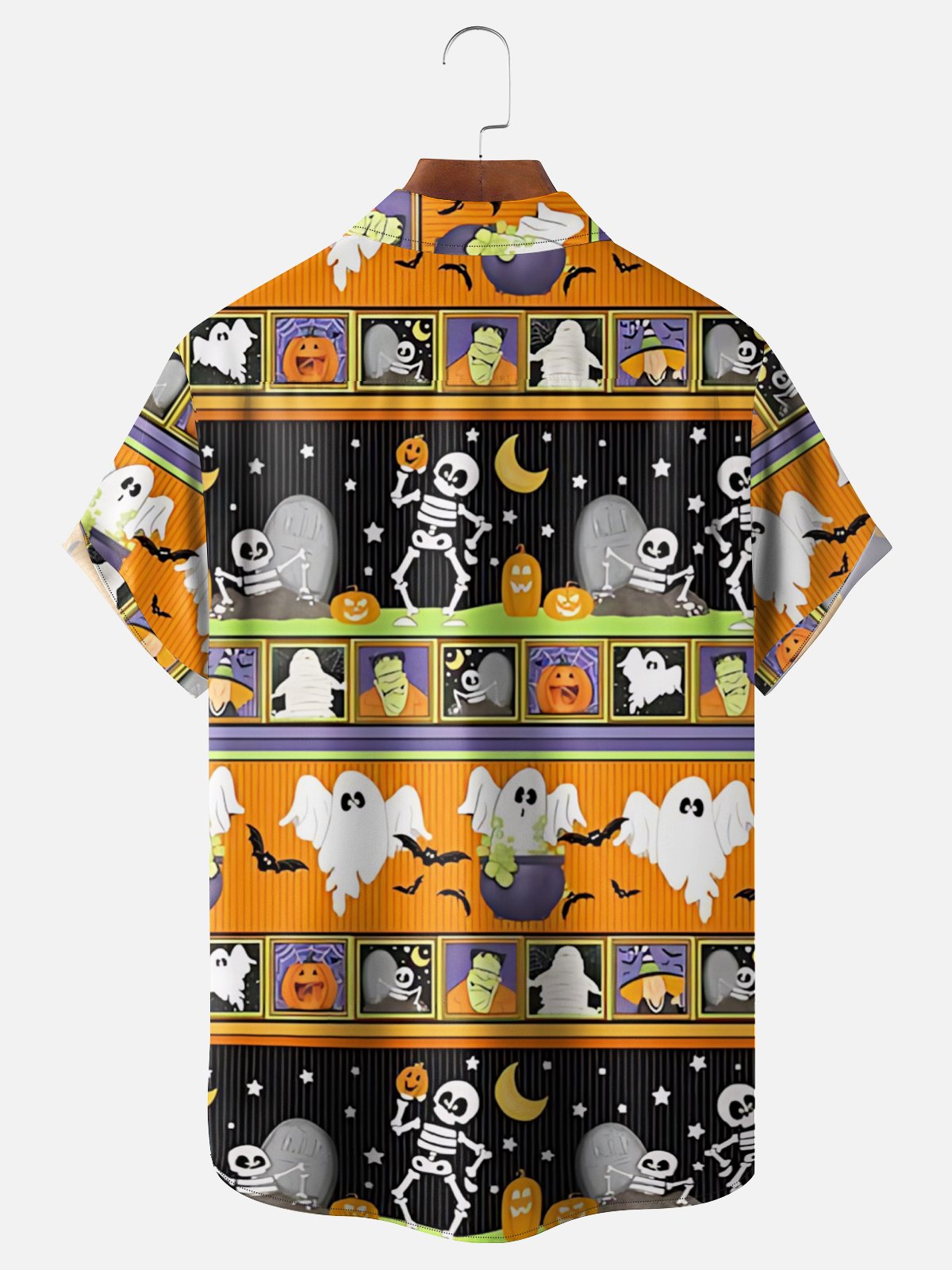 Moisture-Wicking Halloween Frankenstein Ghost Pumpkin Chest Pocket Hawaiian Shirt
