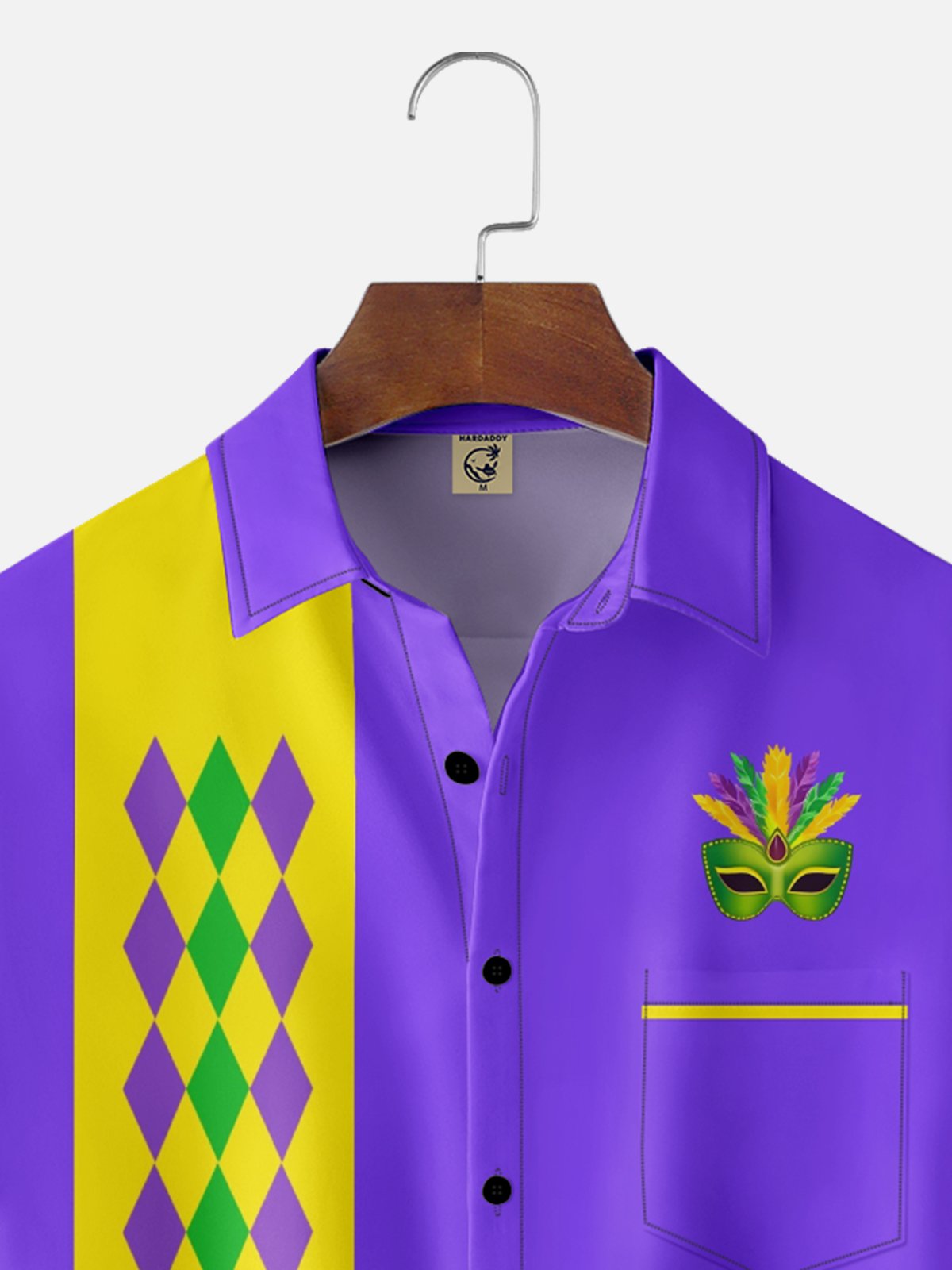 Moisture-Wicking Color-Blocked Mardi Gras Chest Pocket Bowling Shirt