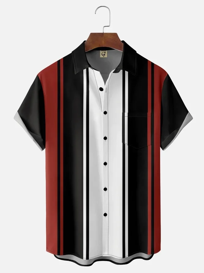 Tall Size Moisture-wicking Color Block Chest Pocket Bowling Shirt
