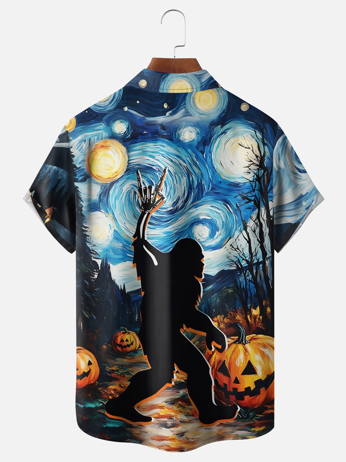 Moisture-Wicking Halloween Van Gogh Starry Sky Bigfoot Pumpkin Chest Pocket Hawaiian Shirt