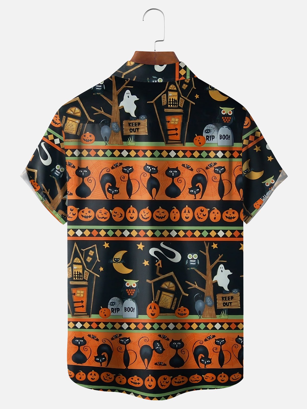 Moisture-Wicking Halloween Ghost Pumpkin Black Cat Chest Pocket Hawaiian Shirt