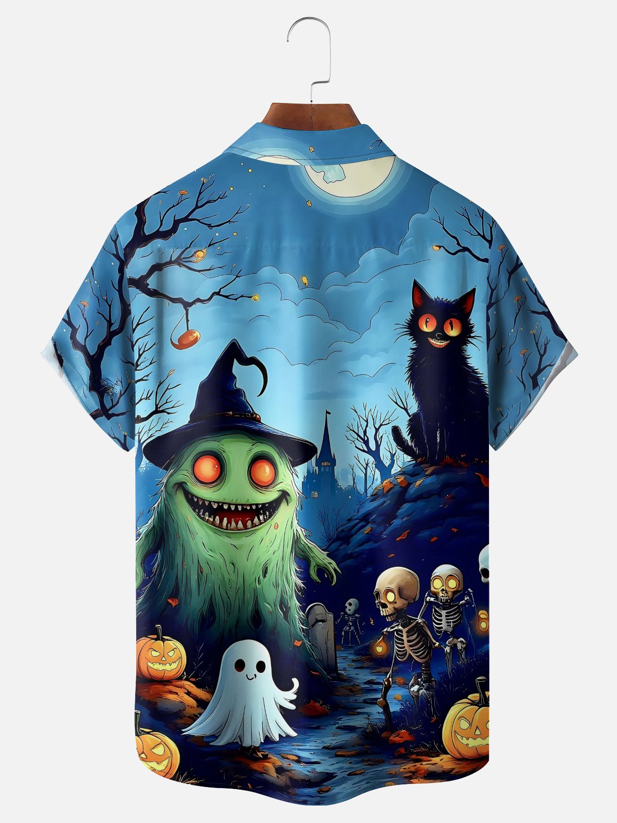 Moisture-Wicking Halloween Ghost Skull Pumpkin Black Cat Chest Pocket Hawaiian Shirt