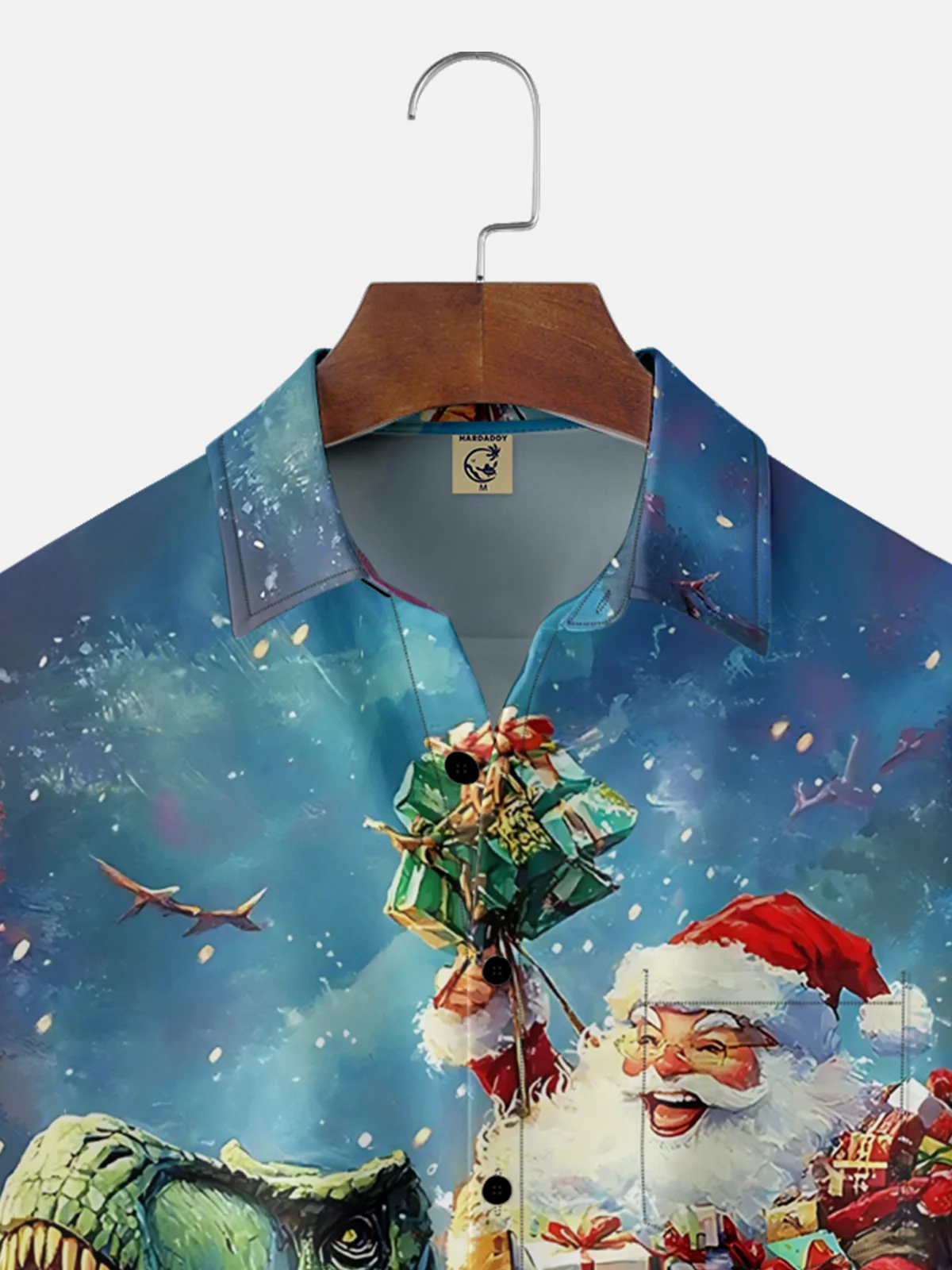 Moisture Wicking Merry Christmas Dinosaur Santa Chest Pocket Hawaiian Shirt