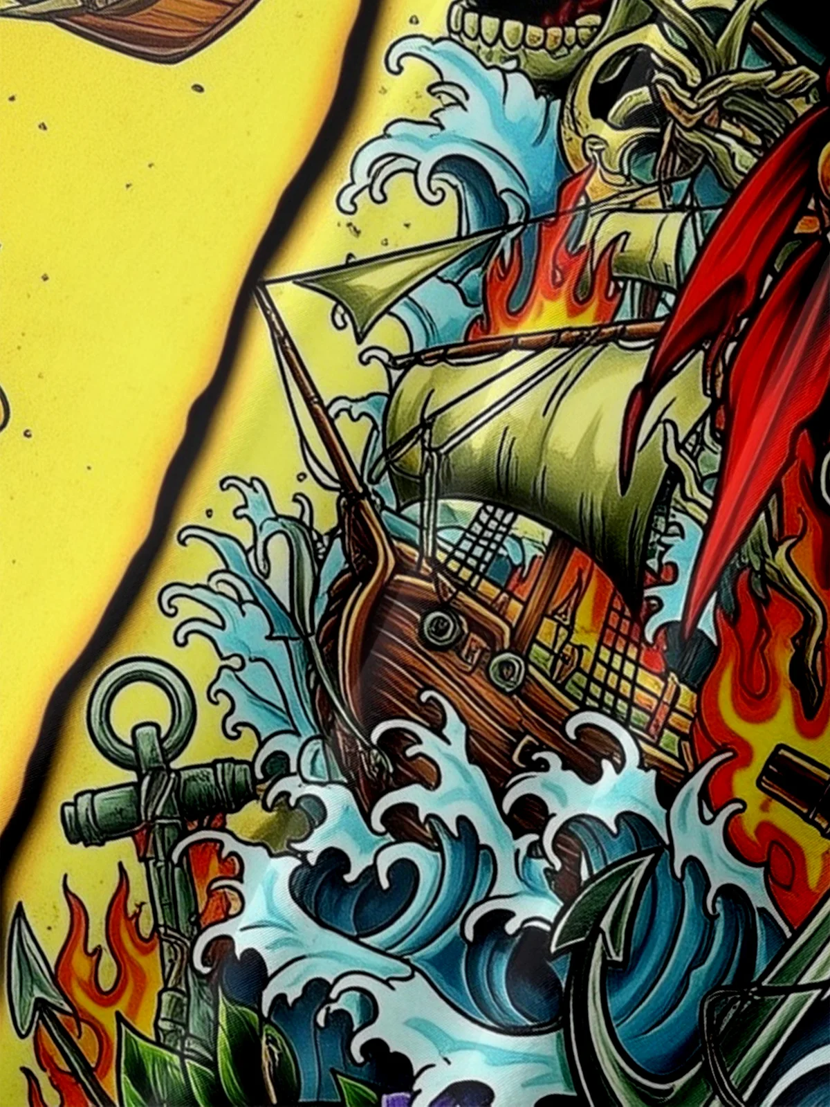 Moisture-wicking Pirate Skeleton Waves Chest Pocket Hawaiian Shirt
