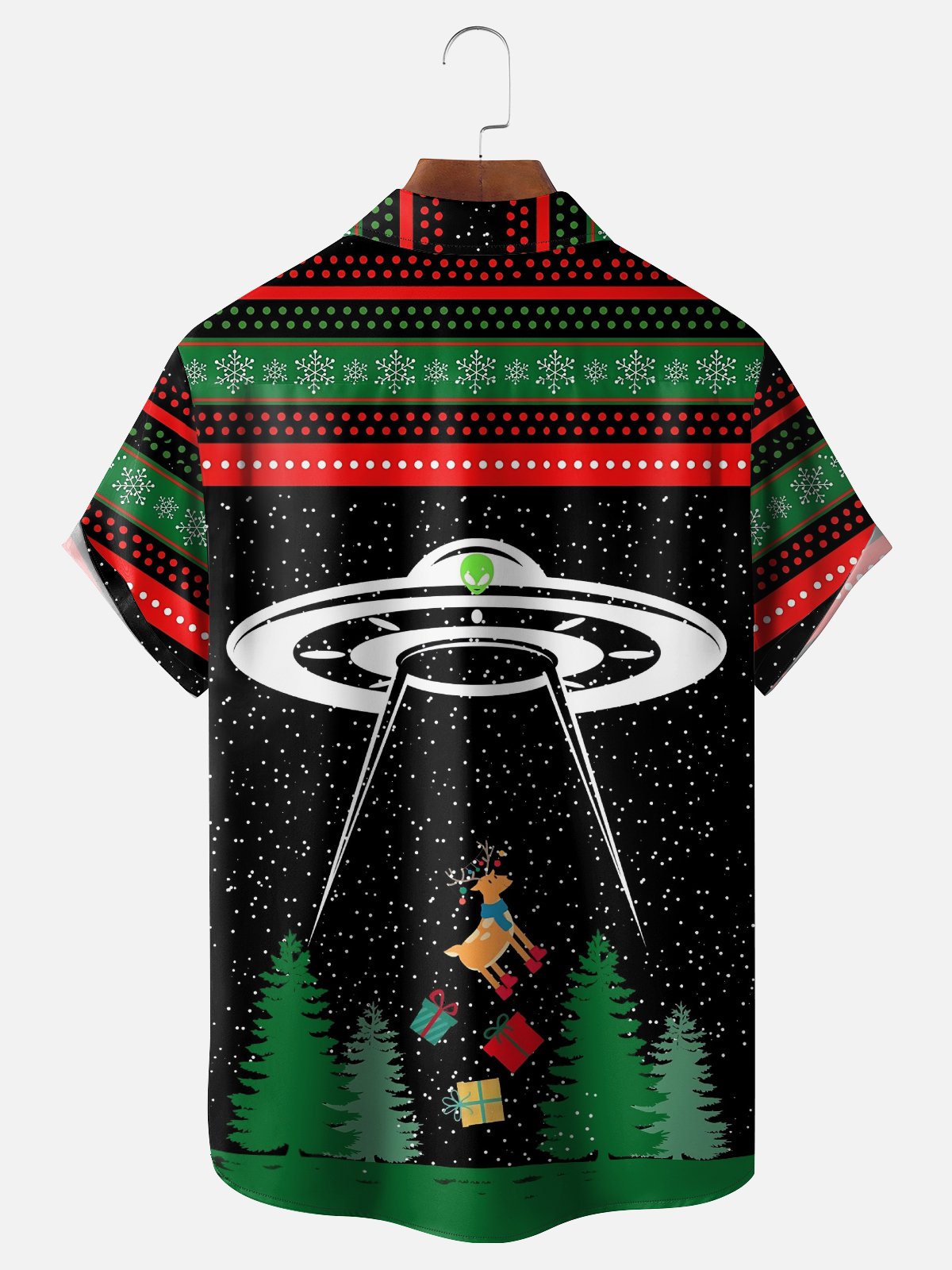 Moisture-wicking Christmas UFO Reindeer Chest Pocket Casual Shirt