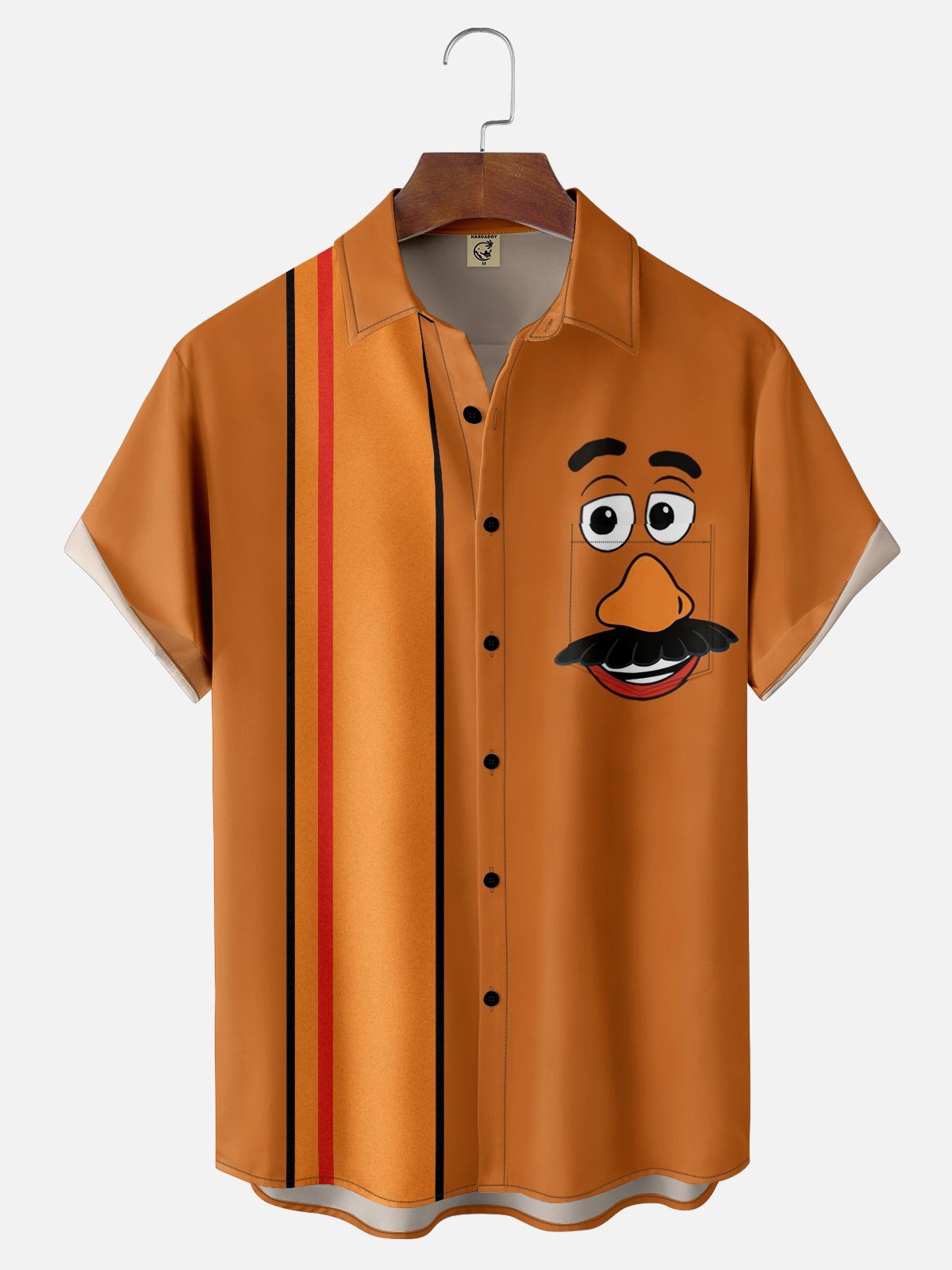 Moisture-wicking Potato Cartoon Stripes Chest Pocket Bowling Shirt
