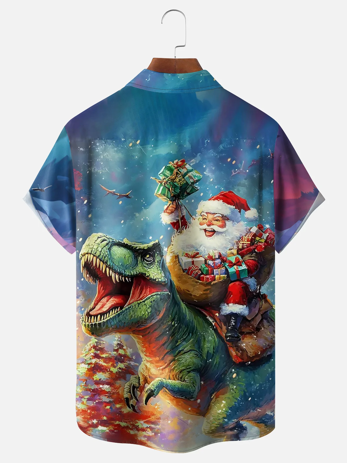 Moisture Wicking Merry Christmas Dinosaur Santa Chest Pocket Hawaiian Shirt