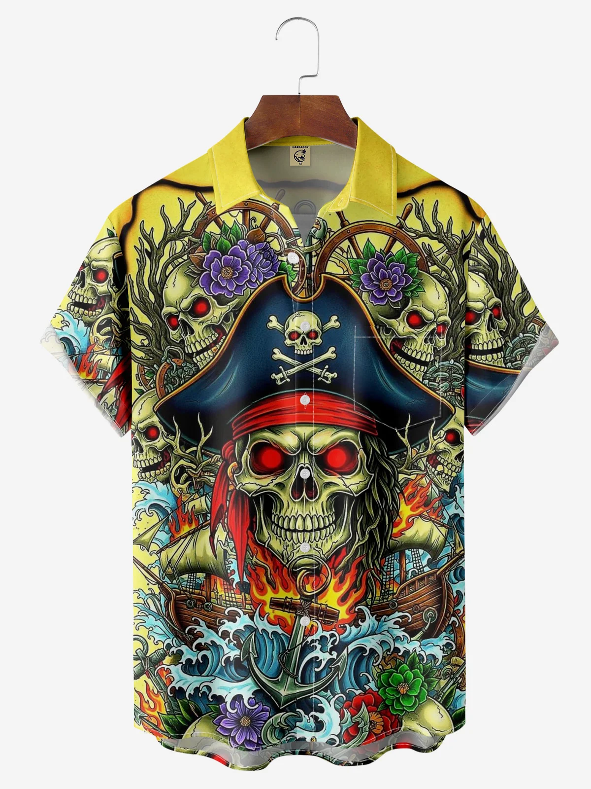 Moisture-wicking Pirate Skeleton Waves Chest Pocket Hawaiian Shirt