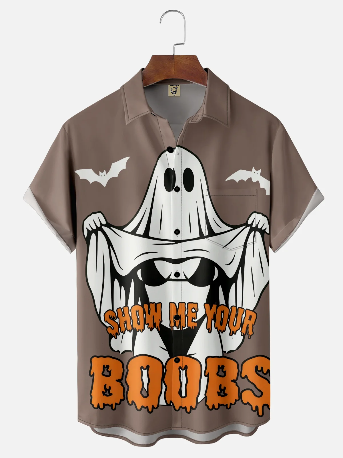 Moisture-Wicking Halloween Sexy Ghost Text Letters Chest Pocket Hawaiian Shirt