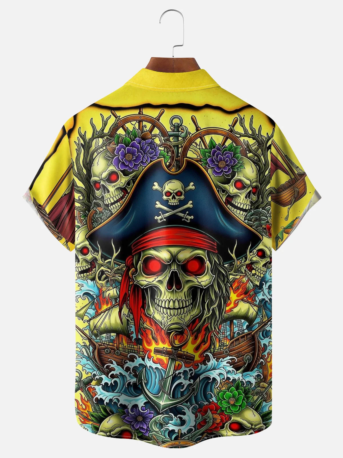 Moisture-wicking Pirate Skeleton Waves Chest Pocket Hawaiian Shirt
