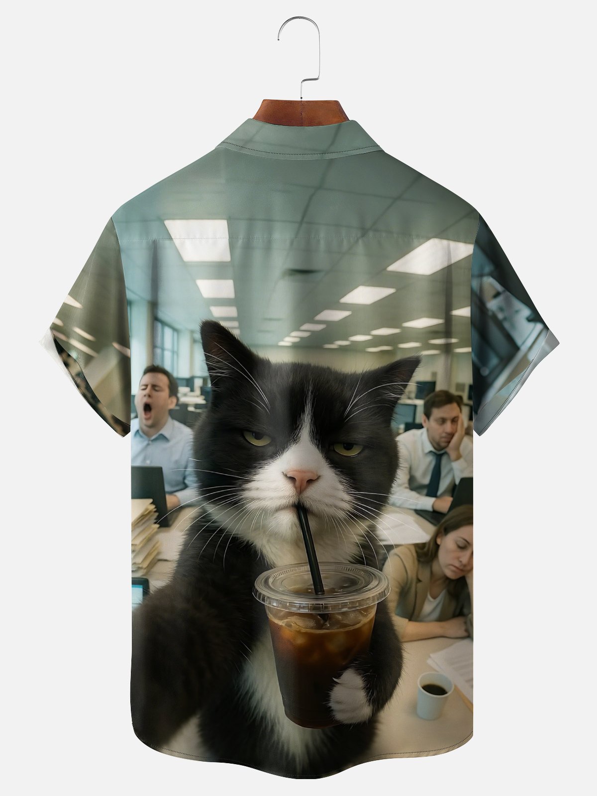 Moisture-wicking Fun Cat Overtime Coffee Chest Pocket Casual Shirt