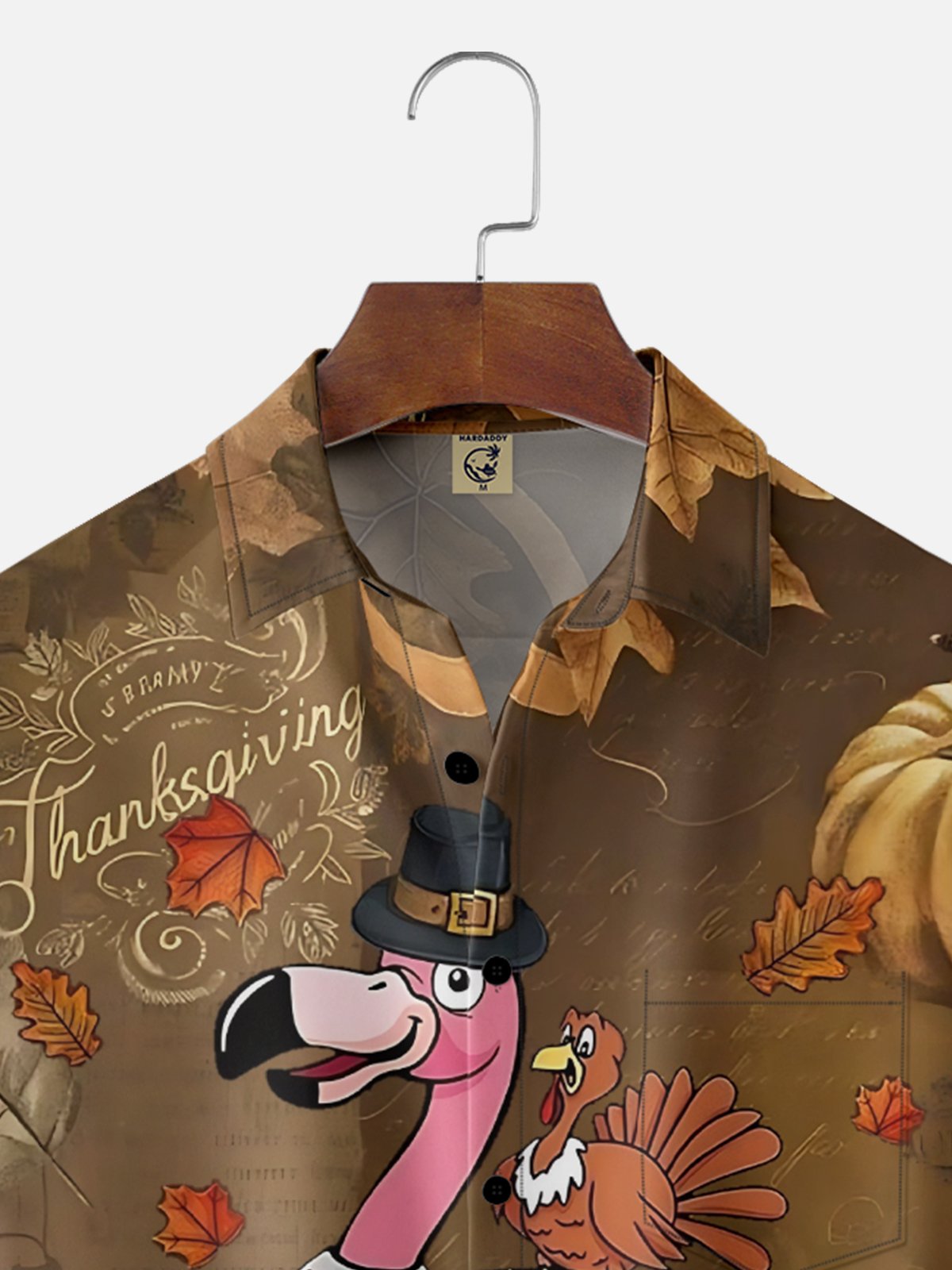 Moisture Wicking Thanksgiving Fun Turkey Flamingo Chest Pocket Hawaiian Shirt