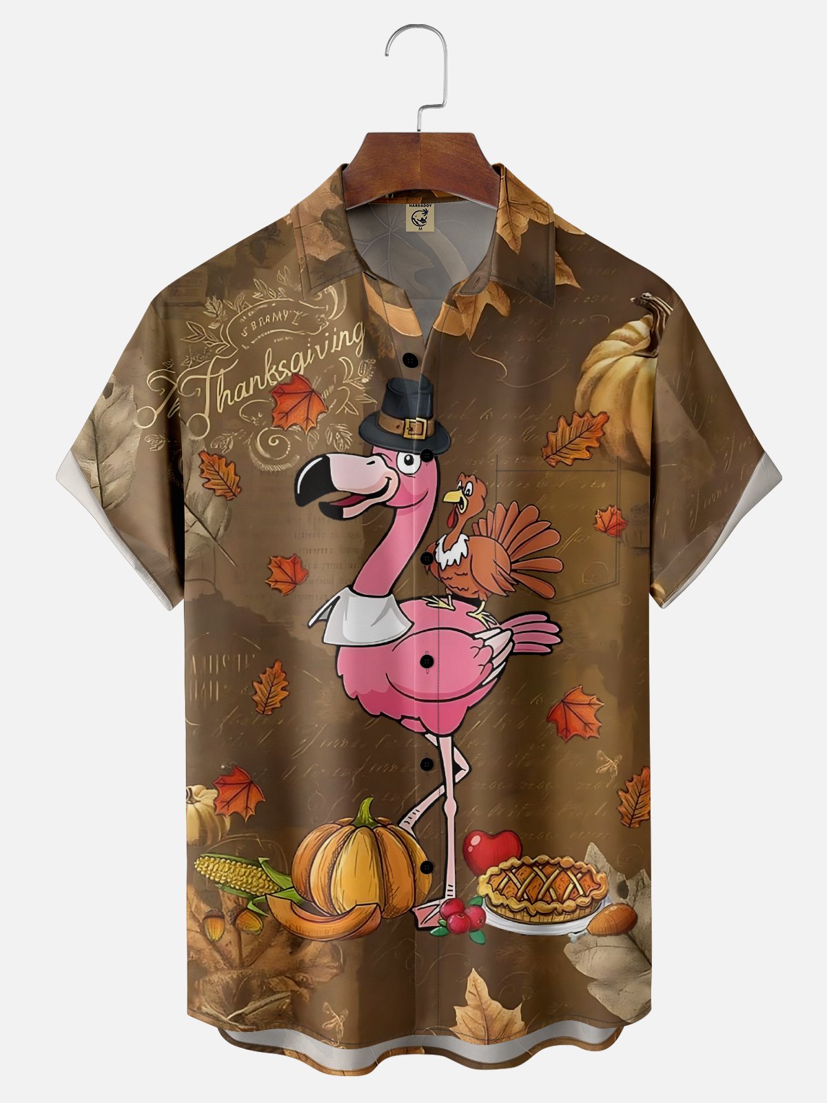 Moisture Wicking Thanksgiving Fun Turkey Flamingo Chest Pocket Hawaiian Shirt