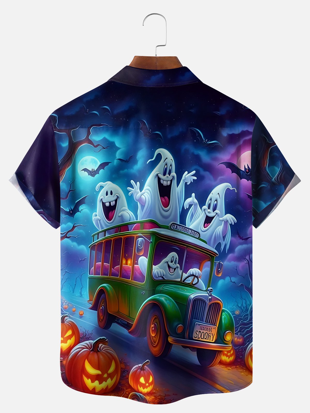 Big Size Moisture-Wicking Halloween Gradient Ghost Car Pumpkin Chest Pocket Hawaiian Shirt