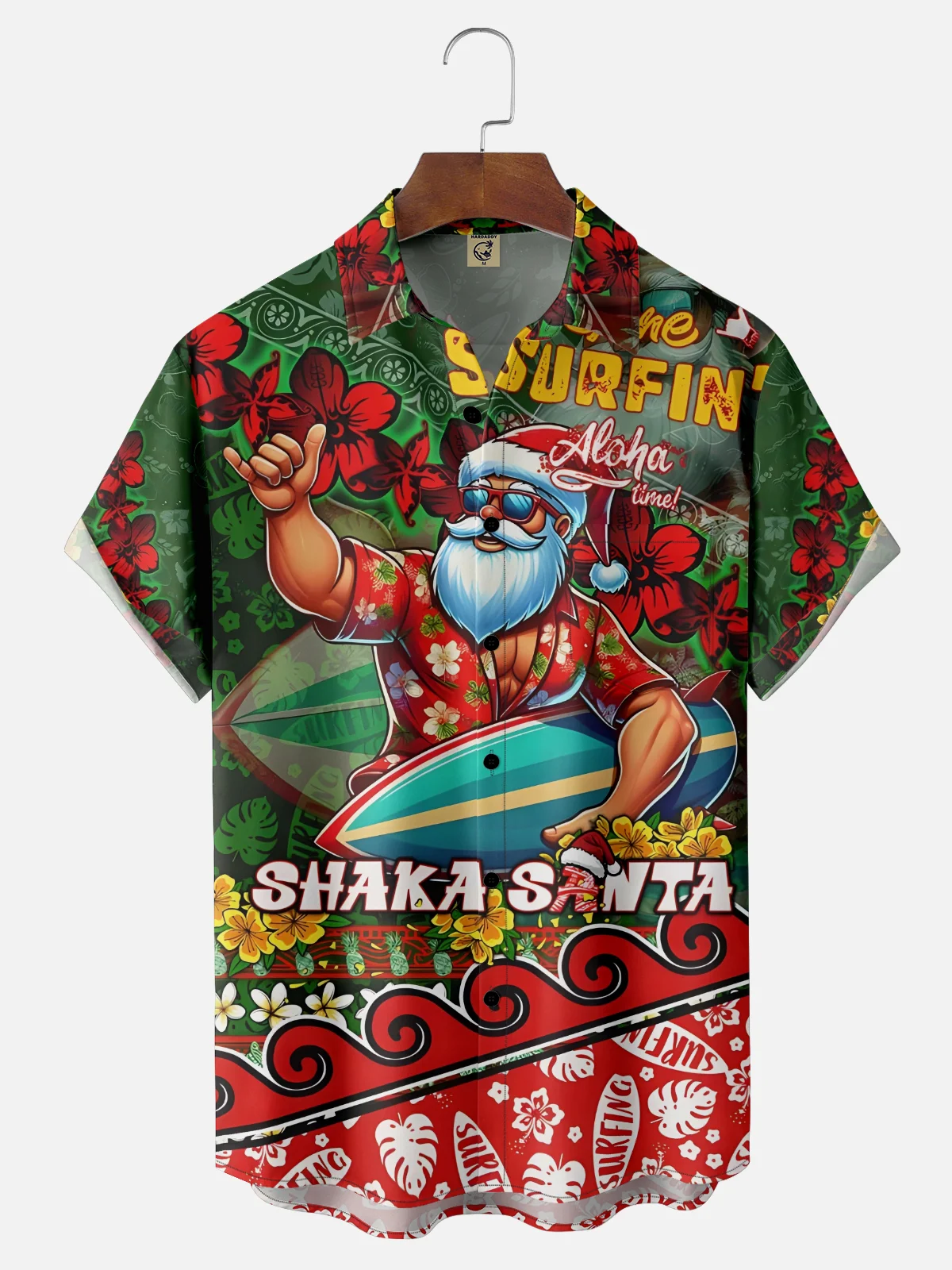 Moisture-wicking Christmas Santa Claus Tropical Chest Pocket Casual Shirt