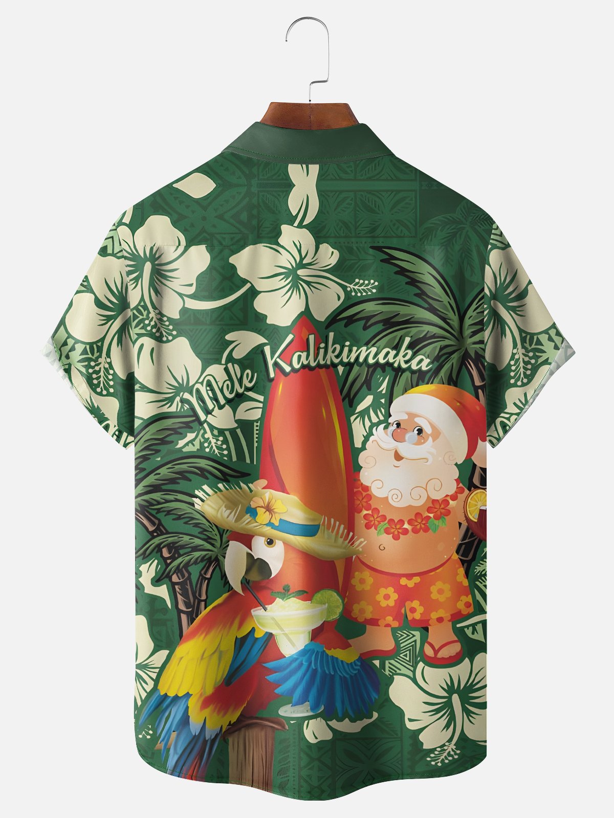 Moisture-wicking Christmas Santa Claus Tropical Palm Chest Pocket Hawaiian Shirt