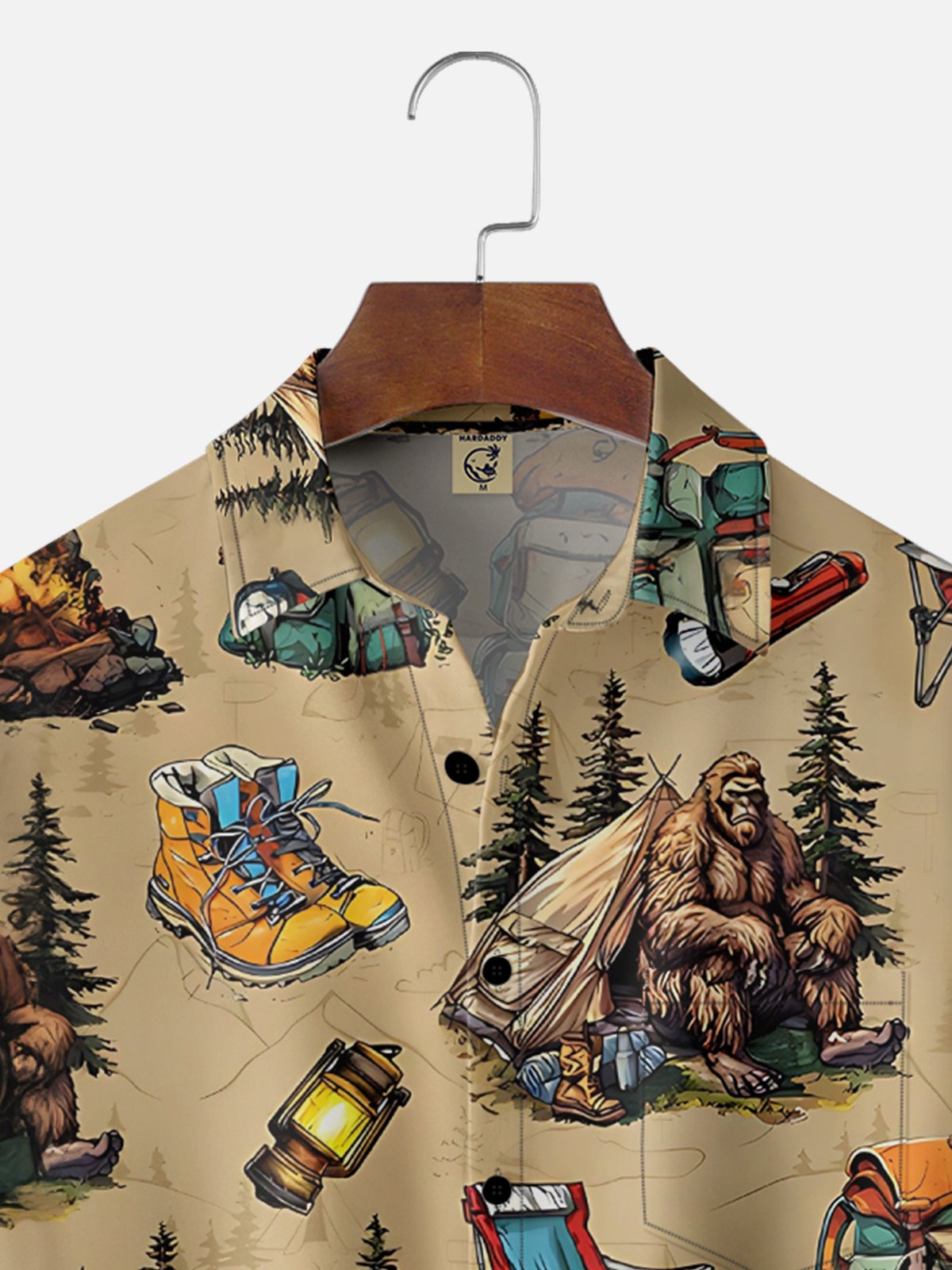 Moisture-Wicking Camping Bigfoot Tent Campfire Backpack Boots Lamp Chest Pocket Hawaiian Shirt
