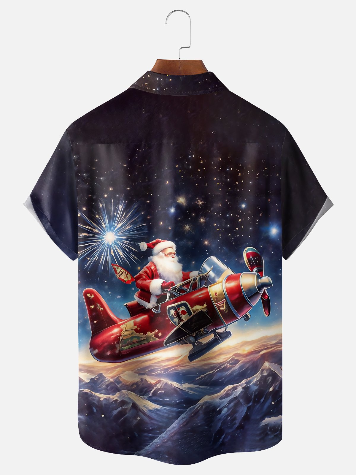 Moisture Wicking Merry Christmas Funny Santa Flying on a Plane Chest Pocket Hawaiian Shirt