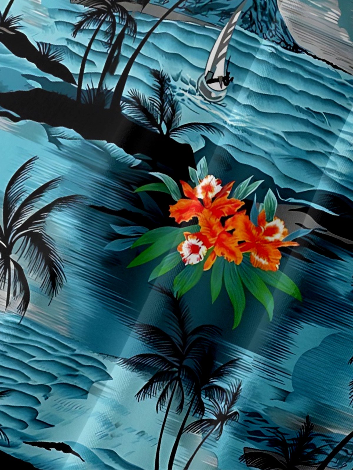 Moisture-Wicking Gradient Beach Coconut Tree Flower Chest Pocket Hawaiian Shirt