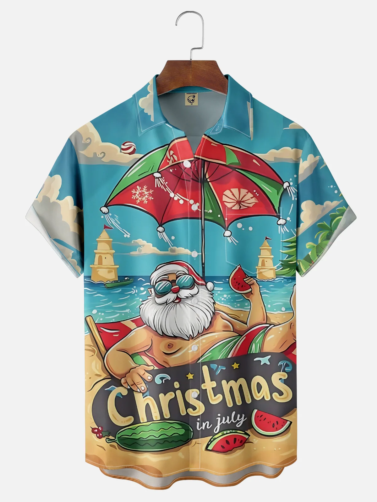 Moisture-Wicking Beach Santa Claus Eating Watermelon Chest Pocket Hawaiian Shirt