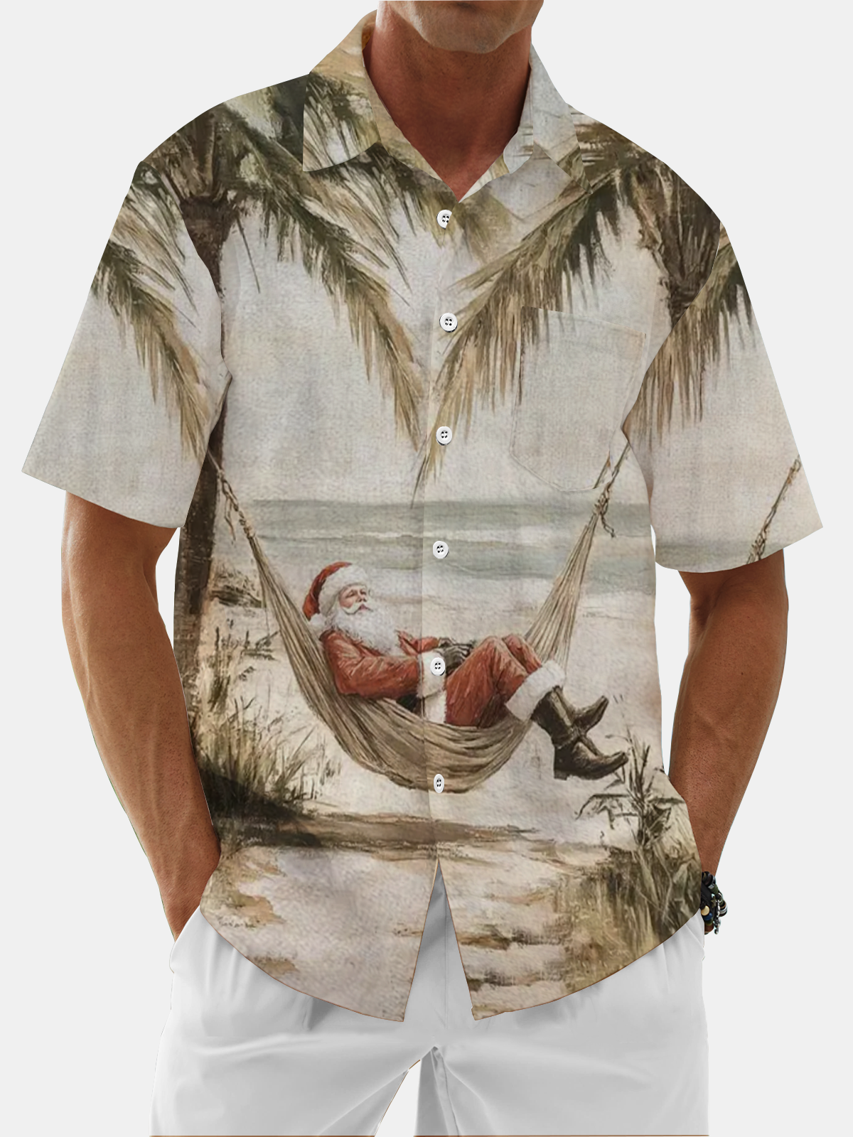 Moisture Wicking Merry Christmas Holiday Santa Chest Pocket Hawaiian Shirt