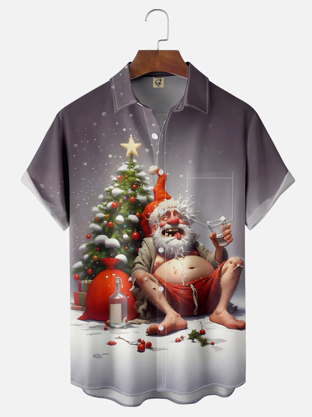 Moisture Wicking Merry Christmas Funny Drunk Santa Chest Pocket Hawaiian Shirt