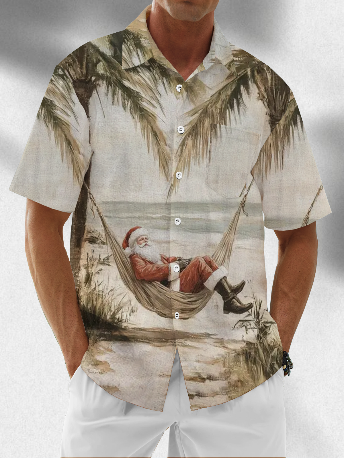 Moisture Wicking Merry Christmas Holiday Santa Chest Pocket Hawaiian Shirt