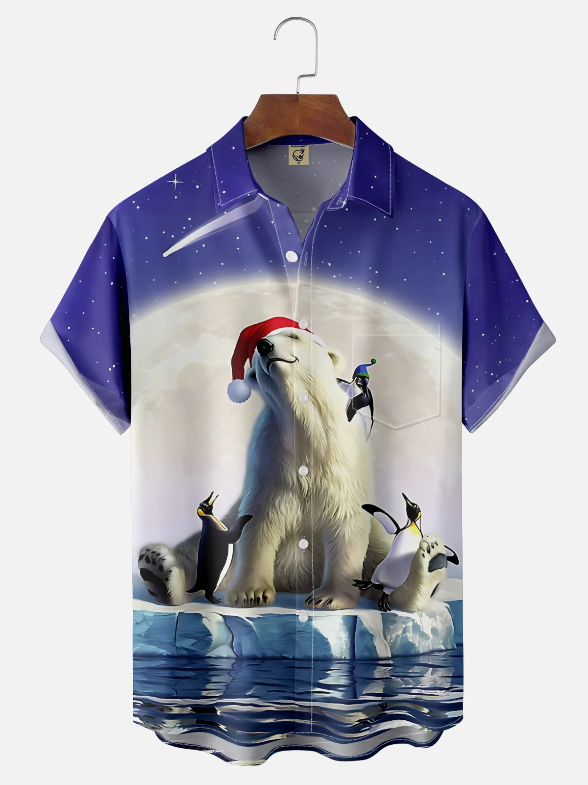 Moisture-wicking Christmas Santa Polar Bear Chest Pocket Casual Shirt