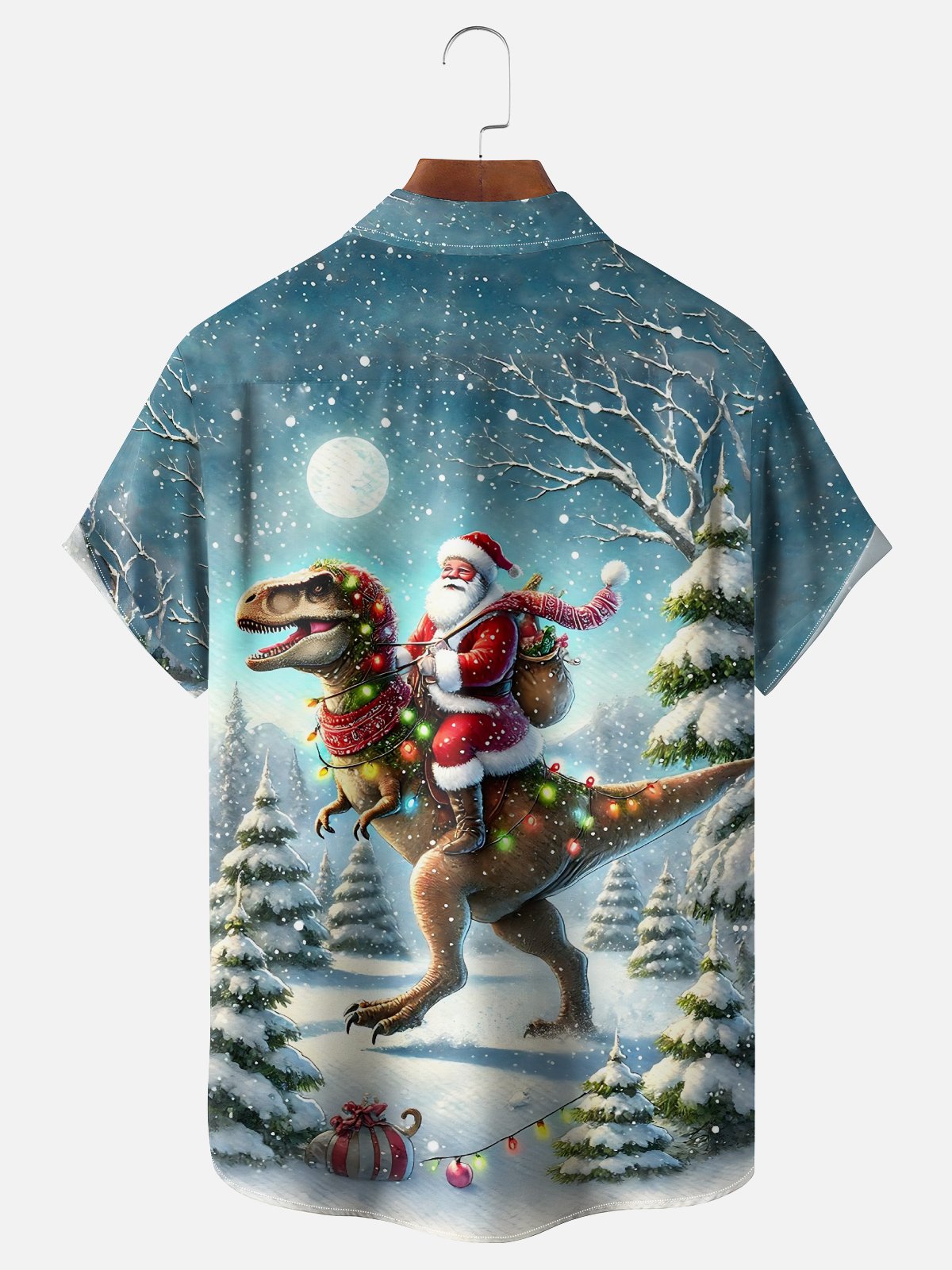 Moisture Wicking Merry Christmas Funny Dinosaur Santa Chest Pocket Hawaiian Shirt
