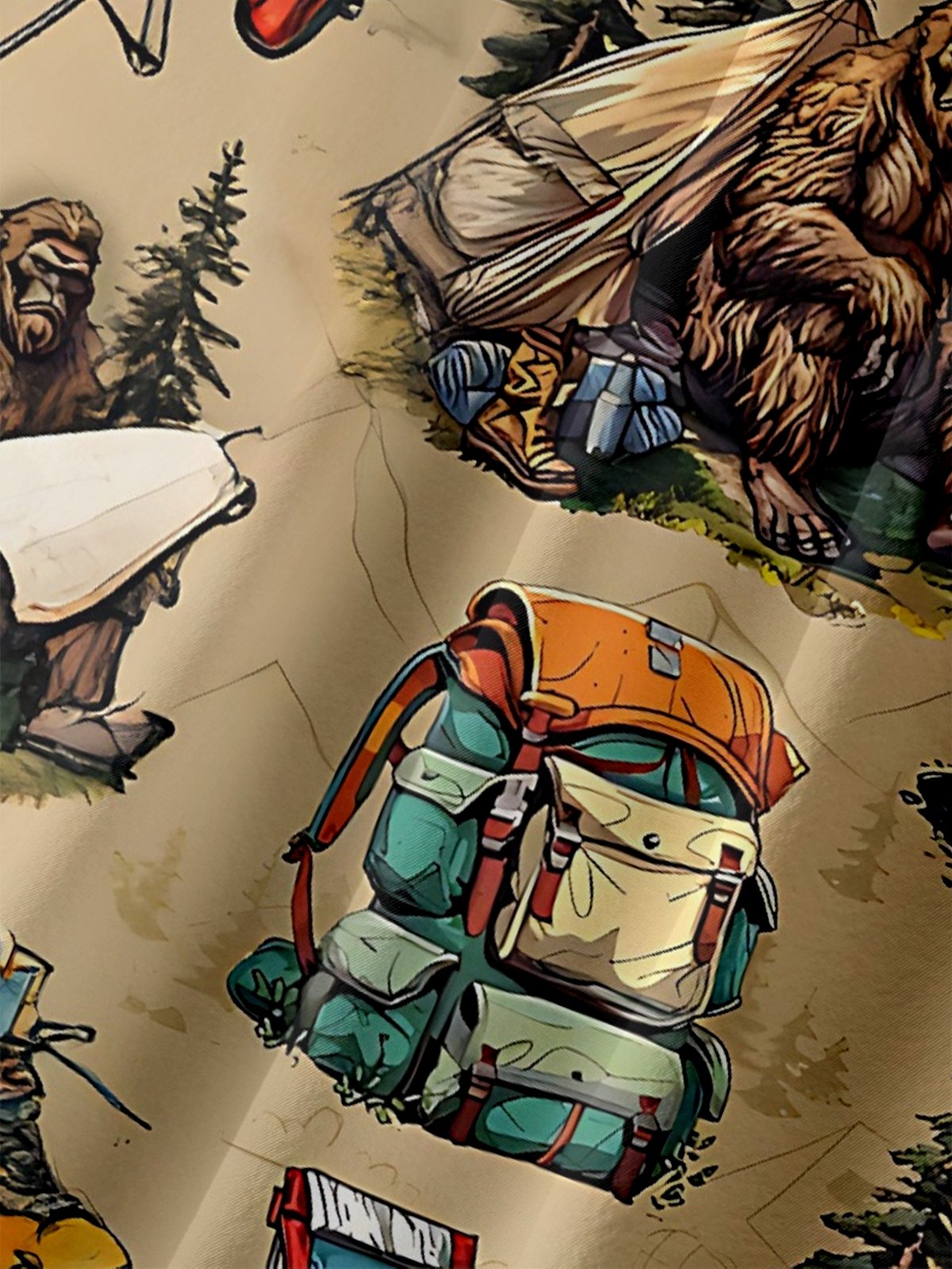 Moisture-Wicking Camping Bigfoot Tent Campfire Backpack Boots Lamp Chest Pocket Hawaiian Shirt