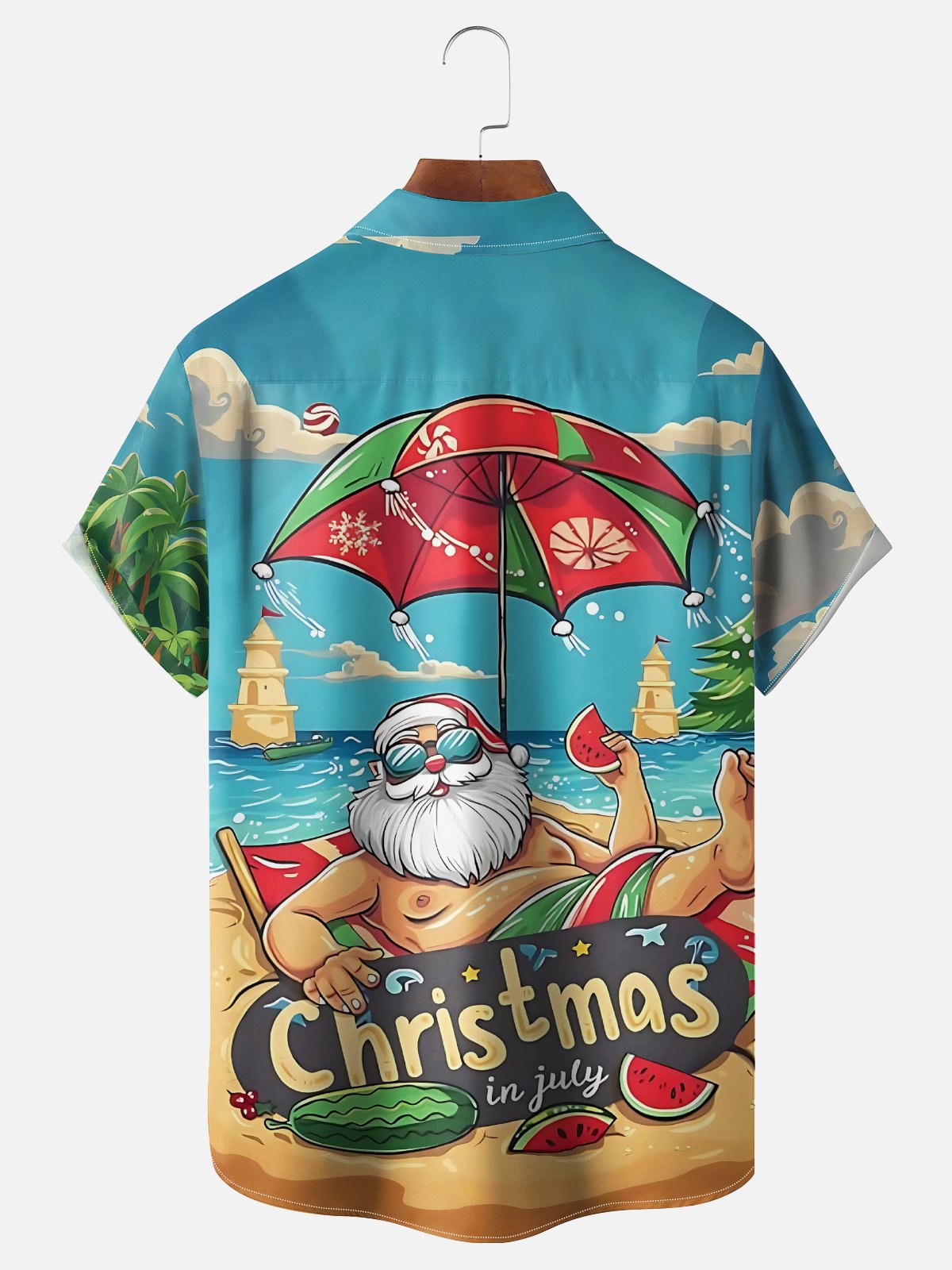 Moisture-Wicking Beach Santa Claus Eating Watermelon Chest Pocket Hawaiian Shirt