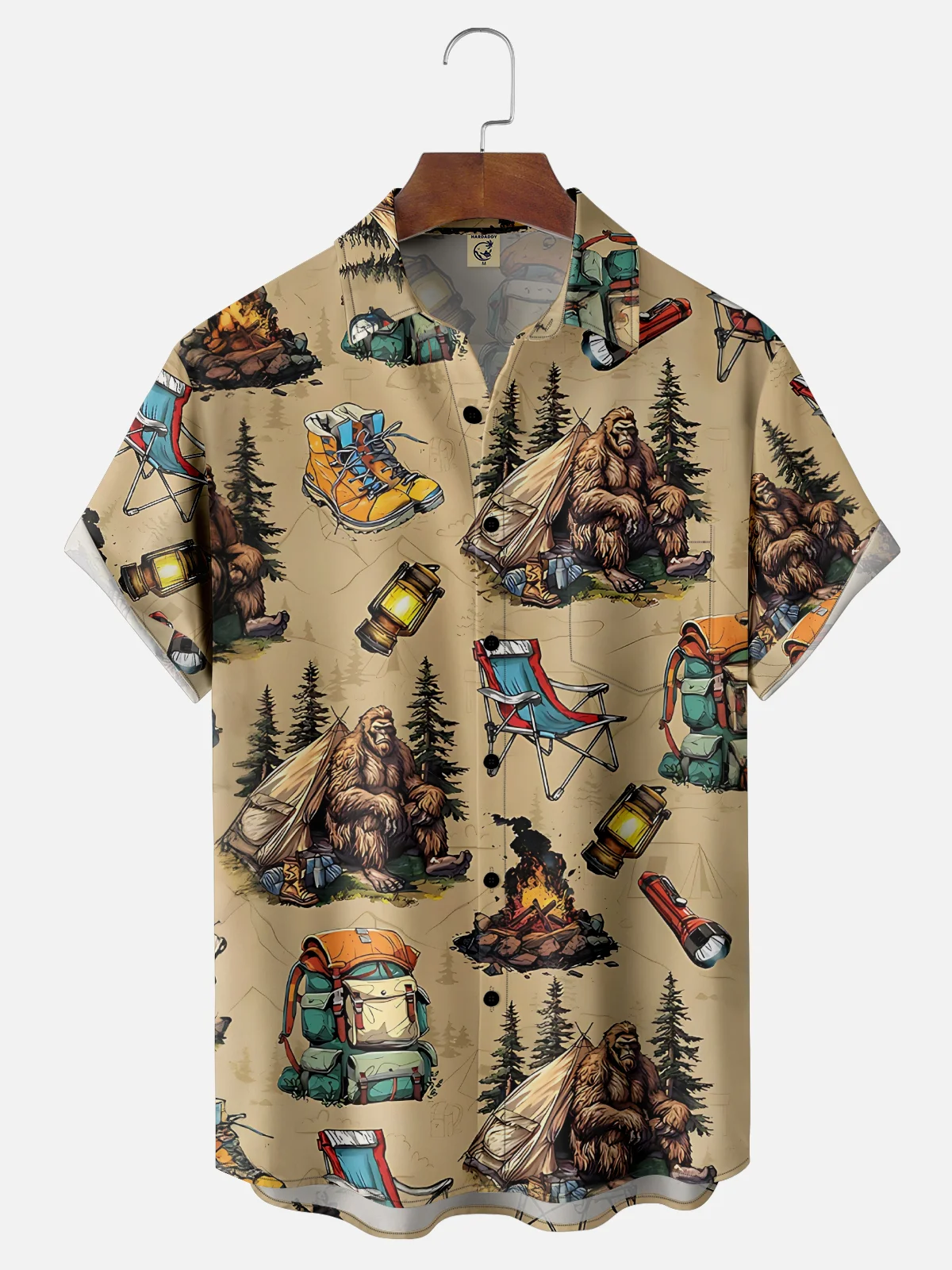 Moisture-Wicking Camping Bigfoot Tent Campfire Backpack Boots Lamp Chest Pocket Hawaiian Shirt