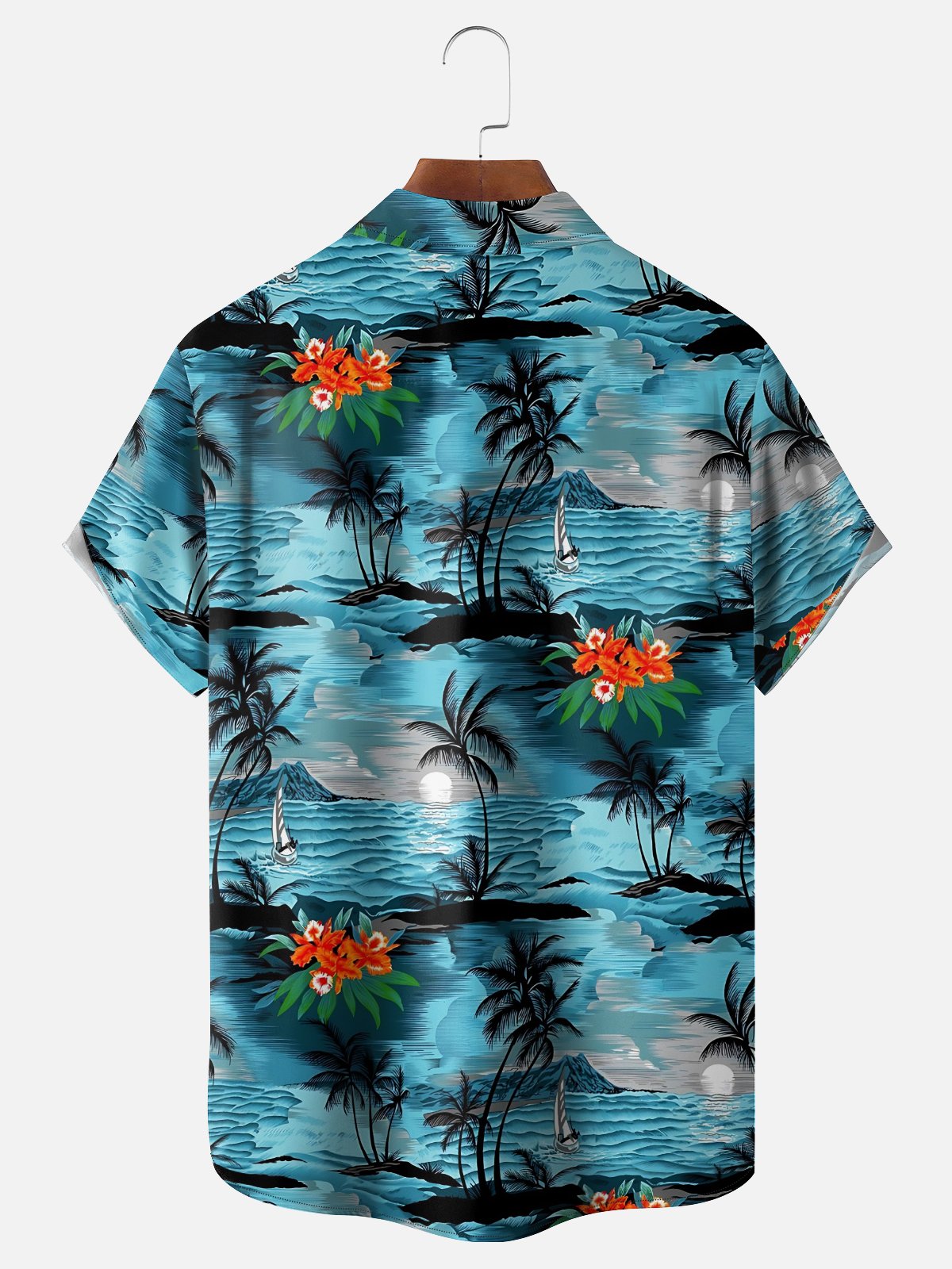 Moisture-Wicking Gradient Beach Coconut Tree Flower Chest Pocket Hawaiian Shirt