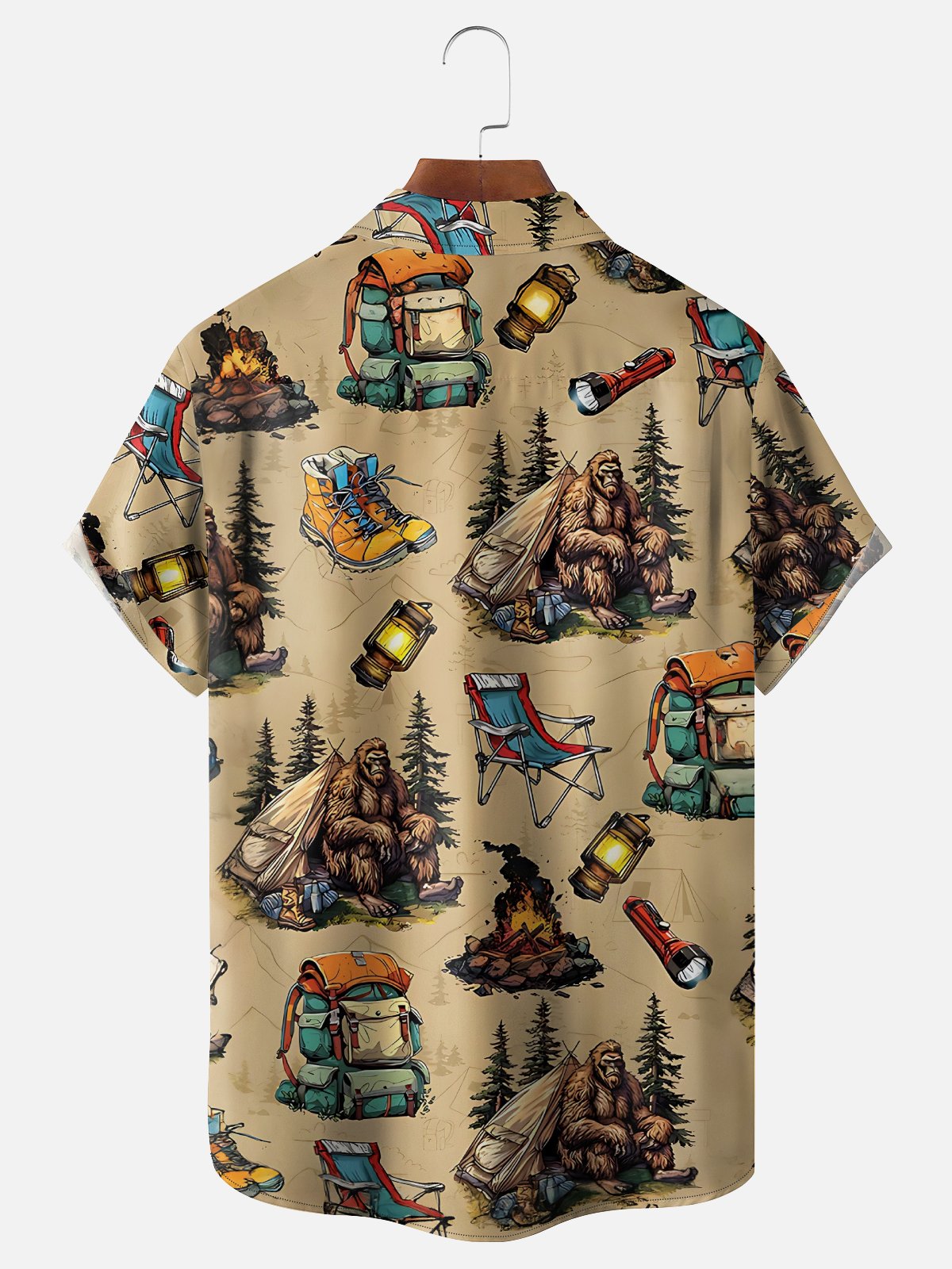 Moisture-Wicking Camping Bigfoot Tent Campfire Backpack Boots Lamp Chest Pocket Hawaiian Shirt