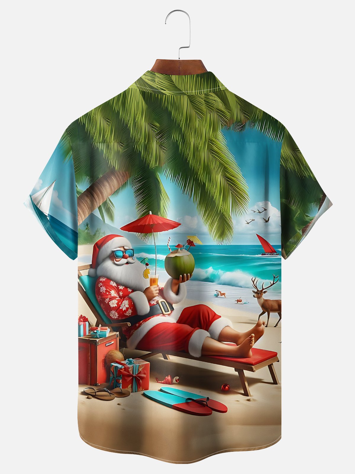 Moisture-wicking Christmas Santa Claus On Vacation Chest Pocket Hawaiian Shirt