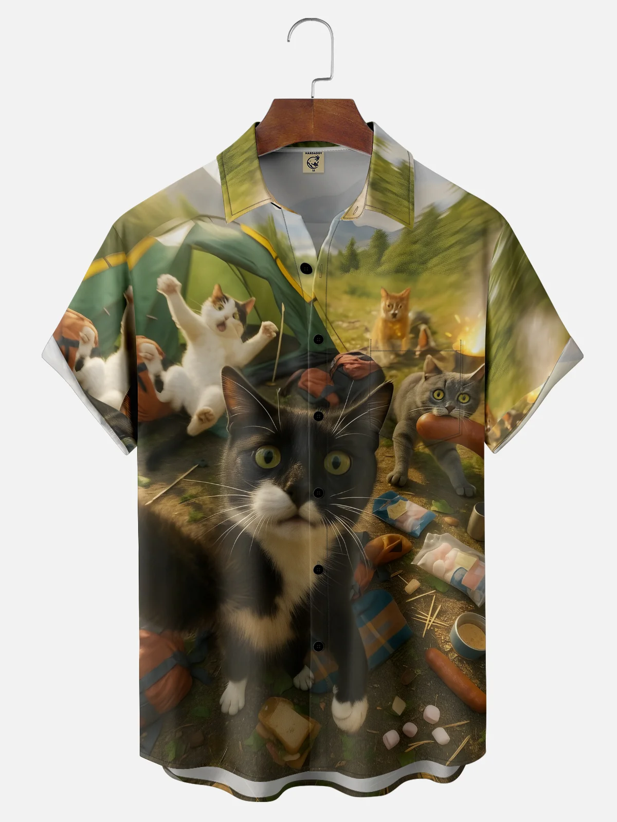 Moisture-wicking Cat Camping Funny Chest Pocket Casual Shirt