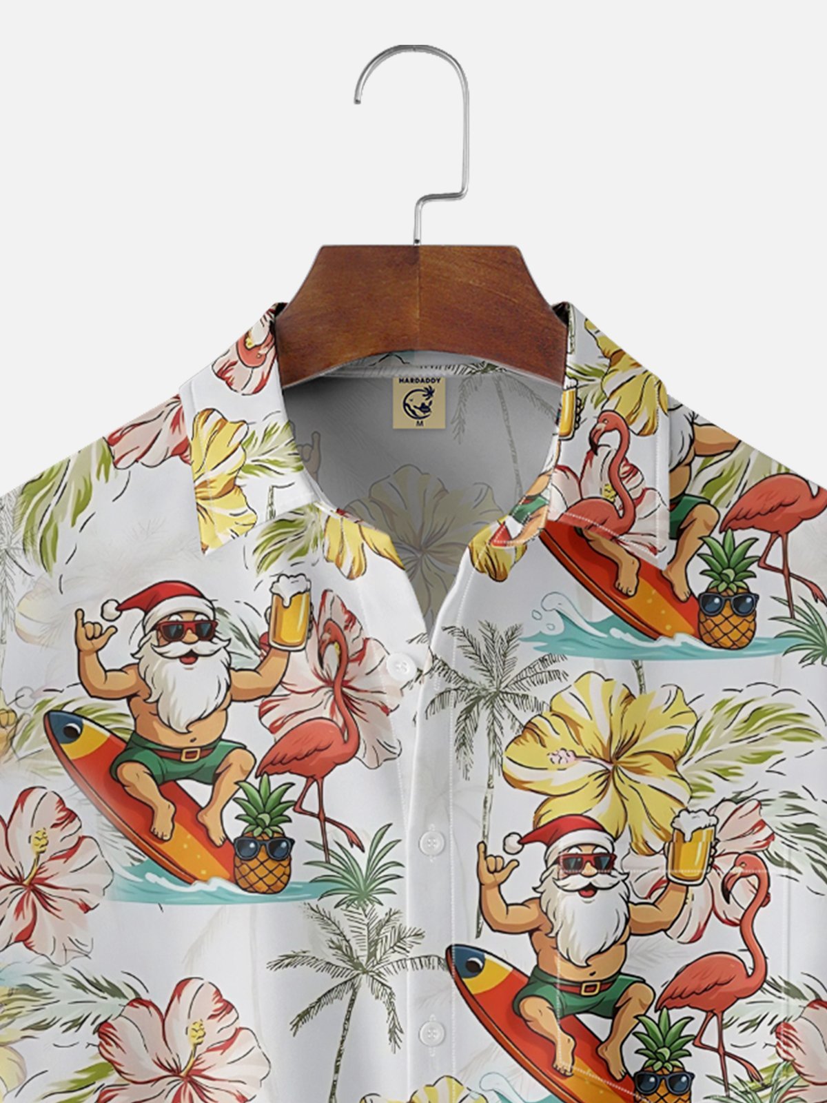 Moisture-Wicking Surfing Santa Claus Beer Flamingo Coconut Tree Flower Chest Pocket Hawaiian Shirt