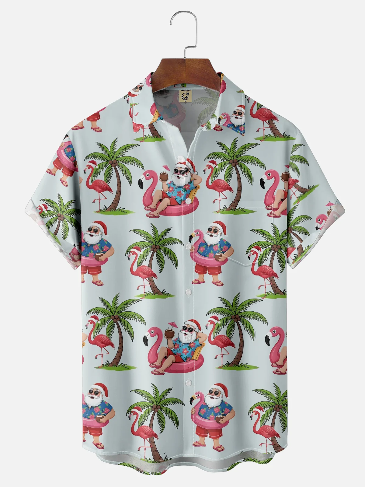 Moisture-Wicking Santa Claus Flamingo Coconut Tree Swim Ring Chest Pocket Hawaiian Shirt