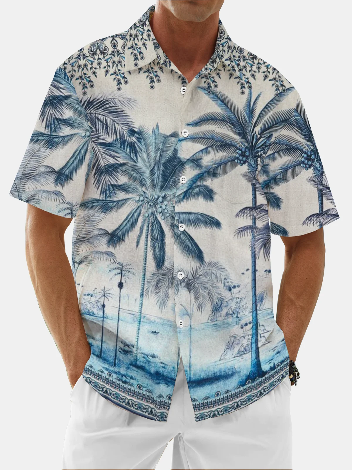 Moisture Wicking Floral Gradient Coconut Tree Chest Pocket Hawaiian Shirt