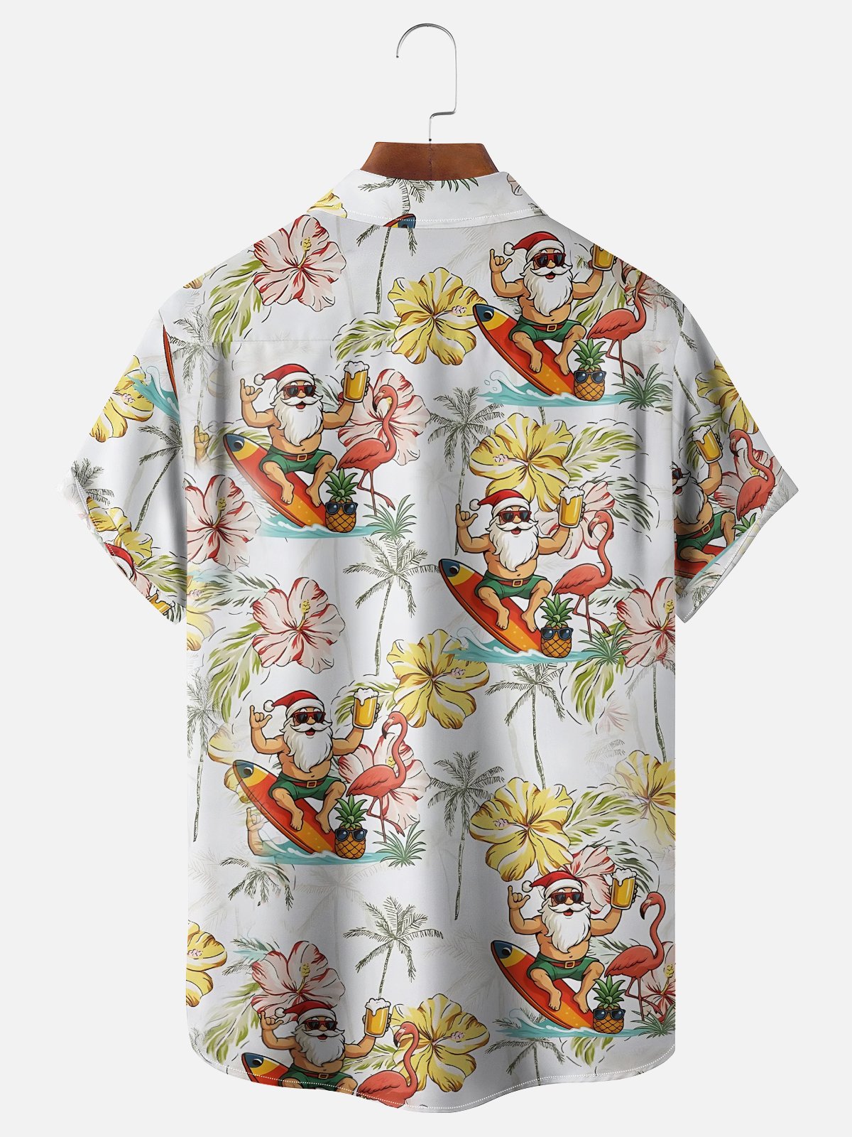 Moisture-Wicking Surfing Santa Claus Beer Flamingo Coconut Tree Flower Chest Pocket Hawaiian Shirt