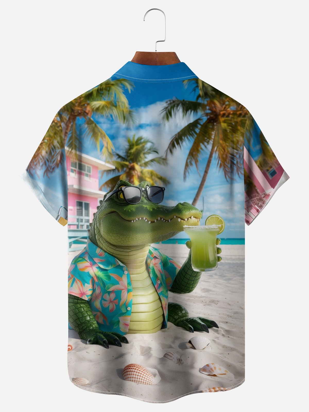 Moisture-wicking Crocodile Coconut Tree Beach Chest Pocket Casual Shirt
