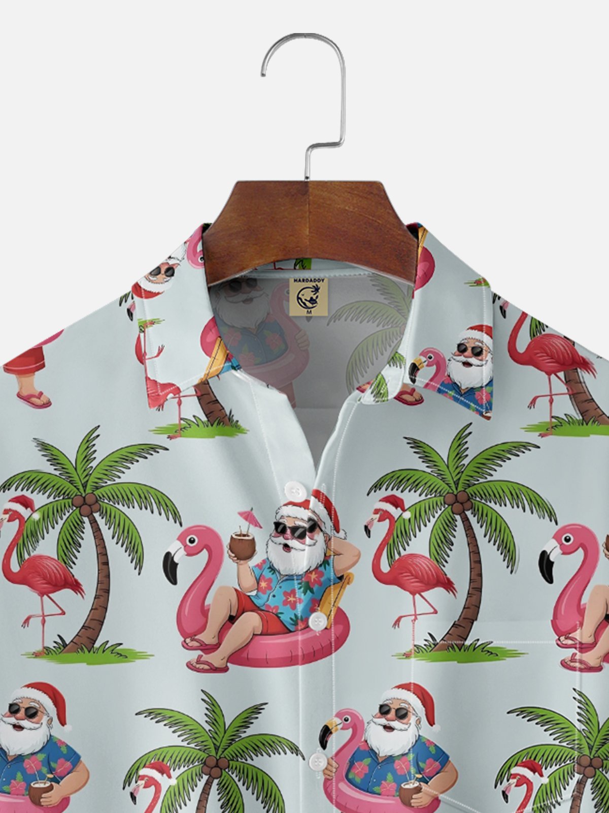 Moisture-Wicking Santa Claus Flamingo Coconut Tree Swim Ring Chest Pocket Hawaiian Shirt