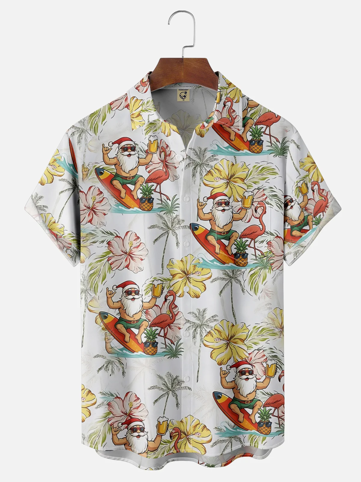 Moisture-Wicking Surfing Santa Claus Beer Flamingo Coconut Tree Flower Chest Pocket Hawaiian Shirt