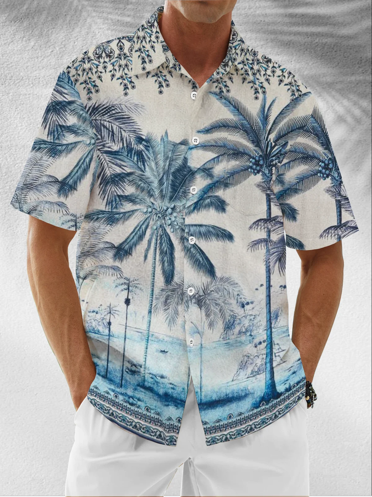 Moisture Wicking Floral Gradient Coconut Tree Chest Pocket Hawaiian Shirt
