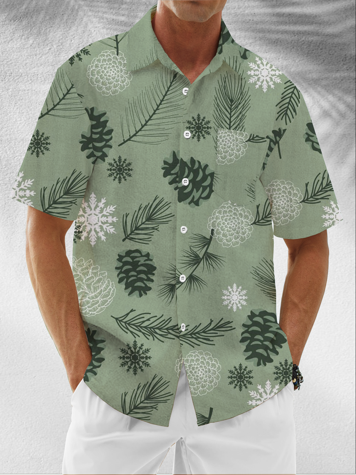 Moisture Wicking Merry Christmas Snowflake Plant Pinecone Chest Pocket Hawaiian Shirt
