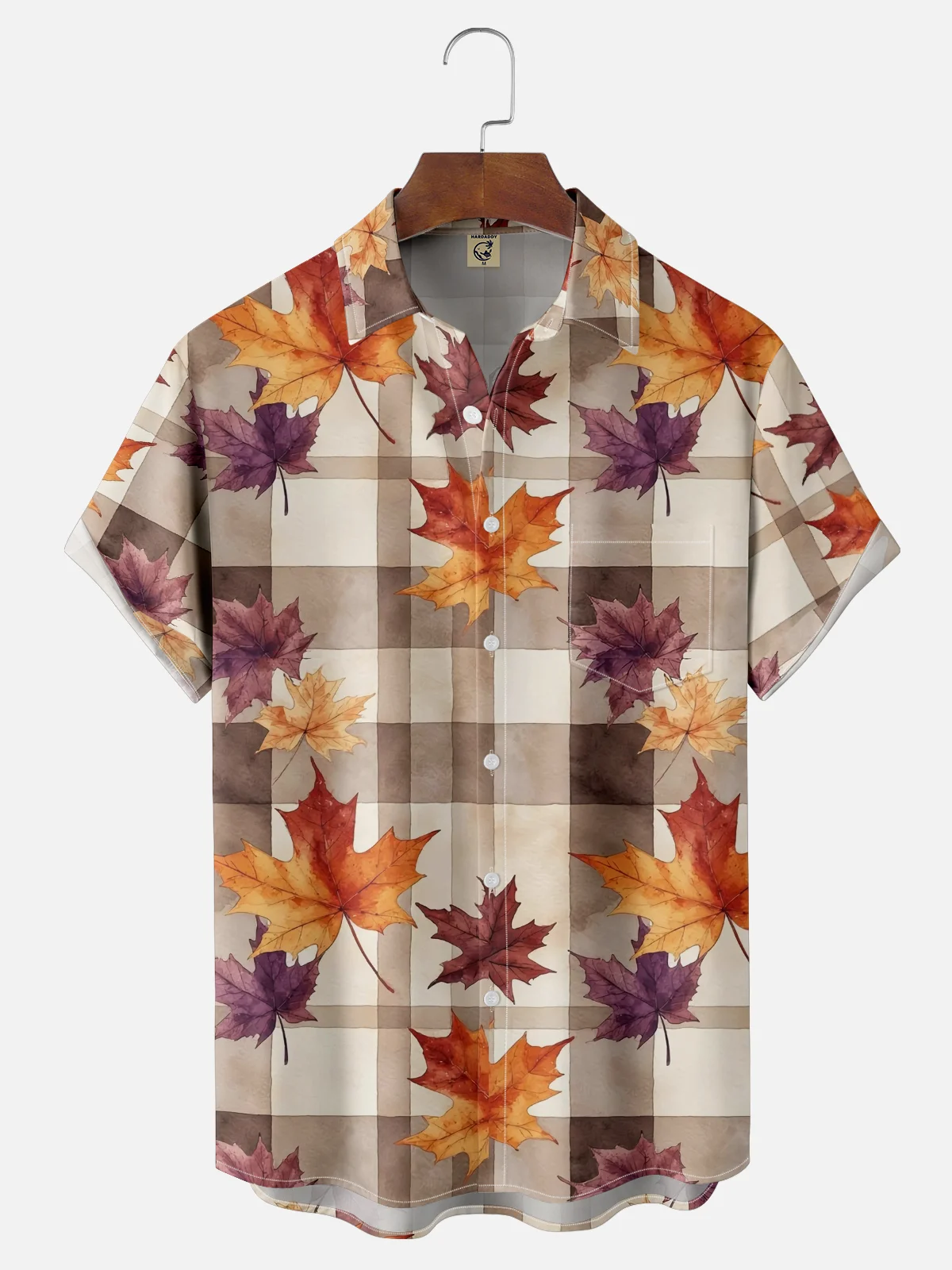 Moisture Wicking Thanksgiving Plaid Maple Leaf Chest Pocket Hawaiian Shirt