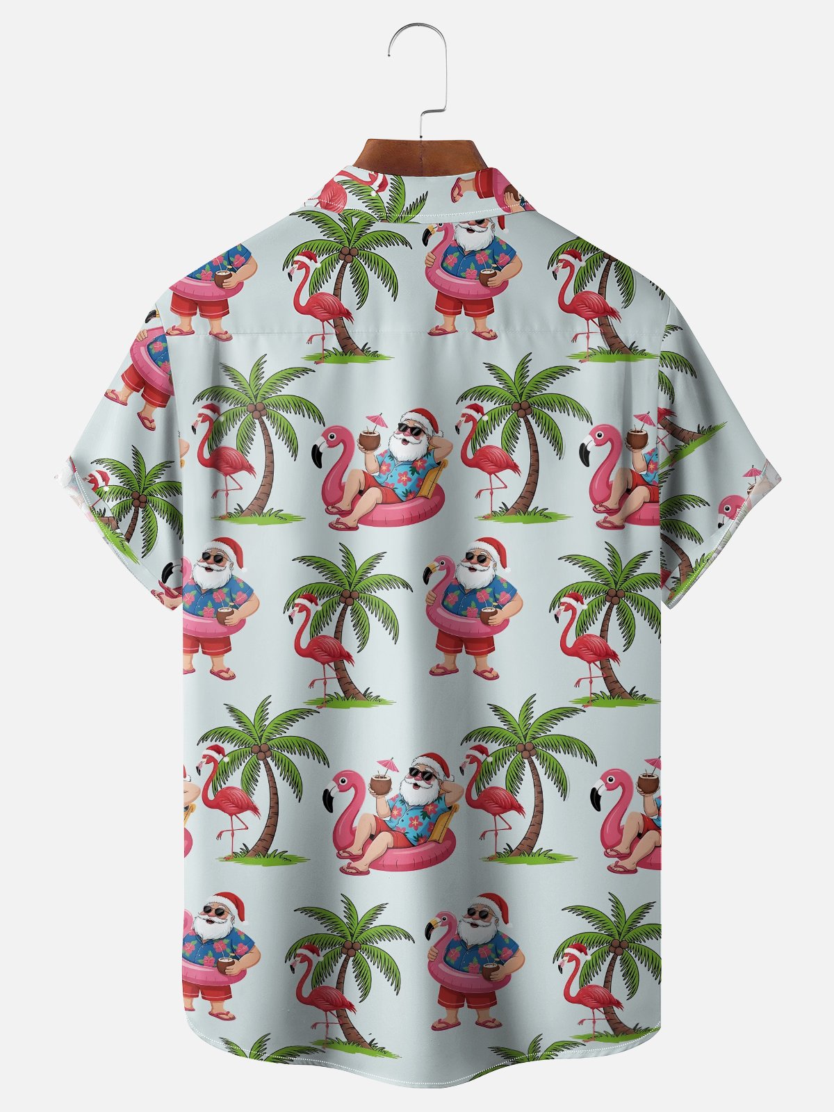 Moisture-Wicking Santa Claus Flamingo Coconut Tree Swim Ring Chest Pocket Hawaiian Shirt