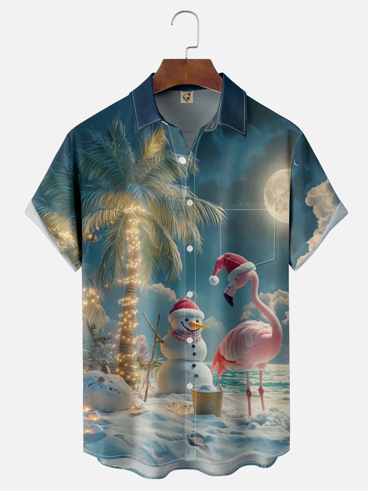 Moisture Wicking Merry Christmas Snowman Flamingo Chest Pocket Hawaiian Shirt