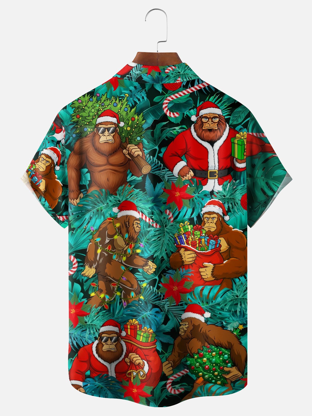 Moisture-wicking Christmas Bigfoot Palm Leaves Chest Pocket Casual Shirt